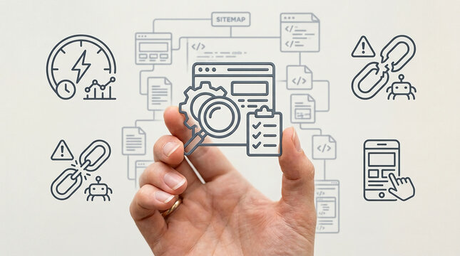 SEO Search Engine Optimization Concept with Hand Holding Website Audit Icon and Digital Marketing Icons for Web Development Services and Online Strategy