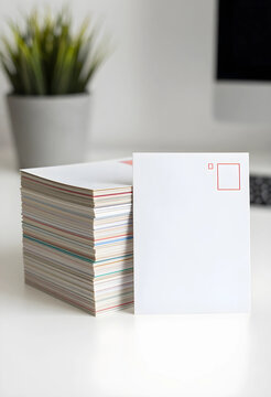 Direct mail marketing and communication, stack of blank postcards with copy space on office desk for business correspondence and creative design projects