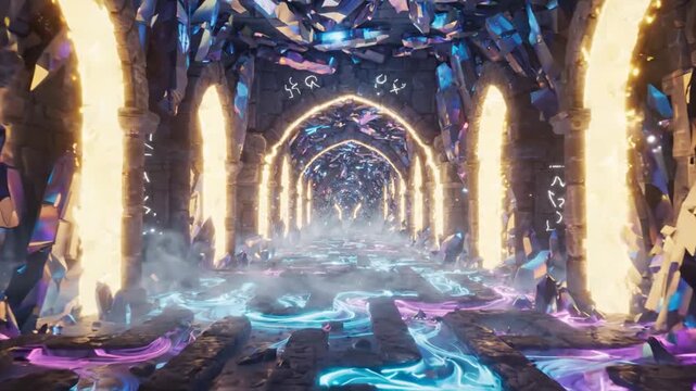 Fantasy ancient temple corridor with glowing gold arches and magical portal streams