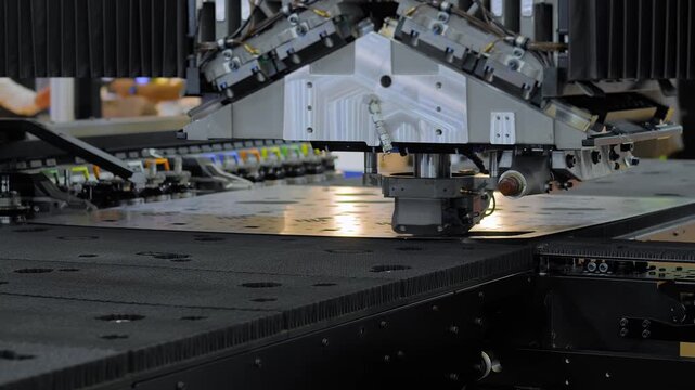 CNC punch press machine is operating on sheet metal at factory, plant: creating holes, shapes. Metalworking, industrial, automatic, technology, machining and manufacturing concept
