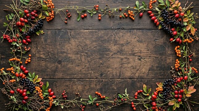 Autumnal border frame made of wild berries and leaves on rustic wooden background