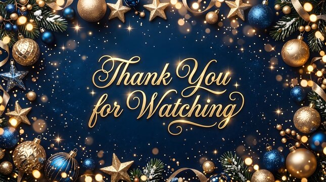 Thank you for watching message surrounded by glittering gold and blue confetti on a dark background