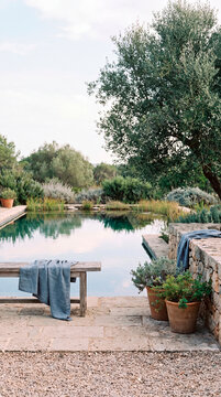 Natural swimming pond reflects olive trees beside linen towels on wooden bench
