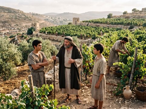 Father instructing sons about work in ancient vineyard