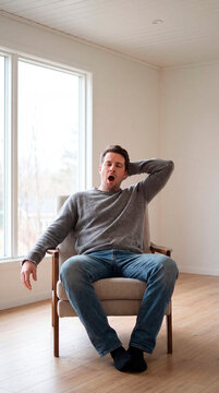 Man dozes and yawns in armchair stretching arm beside bright window light