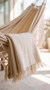 Woven hammock texture holds folded linen throw in soft warm afternoon light