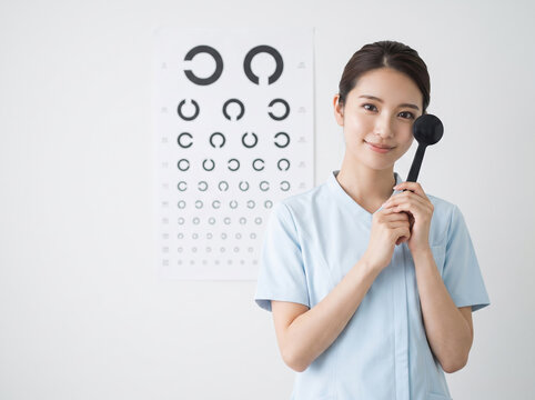 視力検査の遮眼子を手に持って微笑む眼科の女性
