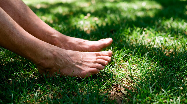Bare feet rest in green grass evoking relaxed outdoor mindfulness and calm