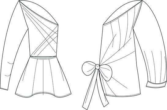 asymmetrical tops technical fashion sketches, garment illustrations with peplum hem and bow waist detail, clothing construction drawings for apparel design
