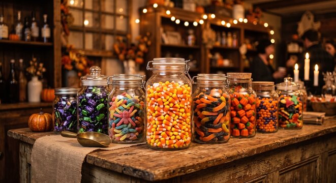 Glass jars filled with colorful halloween candy on a table