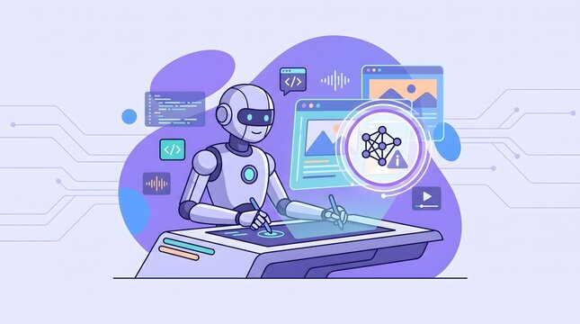 AI Robot Generating Digital Media and Creative Content Illustration
