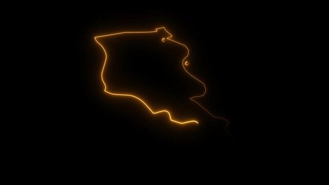 Glowing neon outline map of Armenia isolated on black background with smooth light animation effect