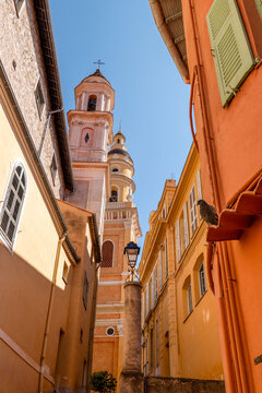Narrow Street In Menton Leading To Bell Tower