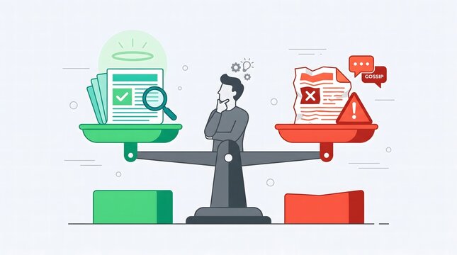 Illustration of a person balancing fact-checking against misinformation and fake news concept.