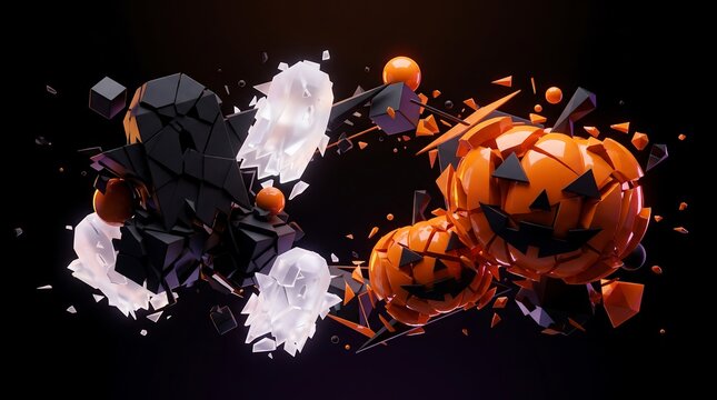 Shattered orange pumpkins and translucent ghosts floating amidst dark geometric fragments on black background