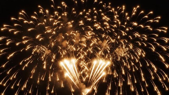 Golden fireworks exploding in the dark night sky during a festive celebration.