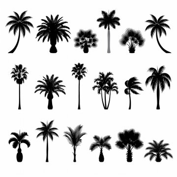 Large tropical palm tree silhouette collection isolated on white vector
