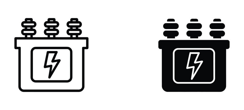 Electrical transformer icon collection featuring substation equipment and power distribution symbols for energy, utility, engineering, and infrastructure projects.
