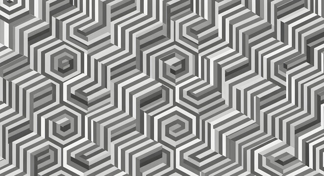 Geometric Monochrome Op Art Pattern Featuring Complex 3D Staircase Optical Illusions and Repeating Hexagonal Structural Abstract Backgrounds