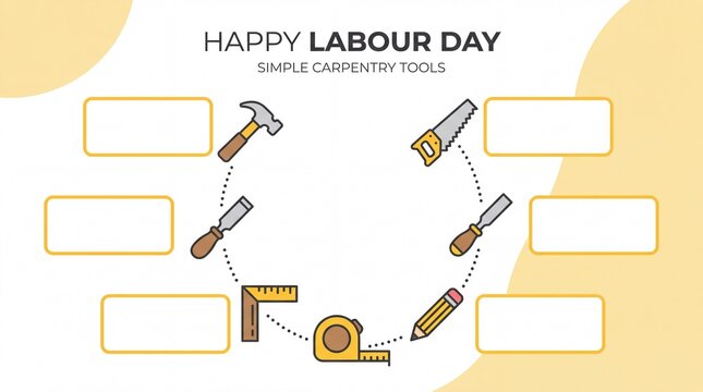 Labour Day infographic template with simple carpentry tools. Featuring hammer hand saw chisels tape measure and pencil in a circular layout