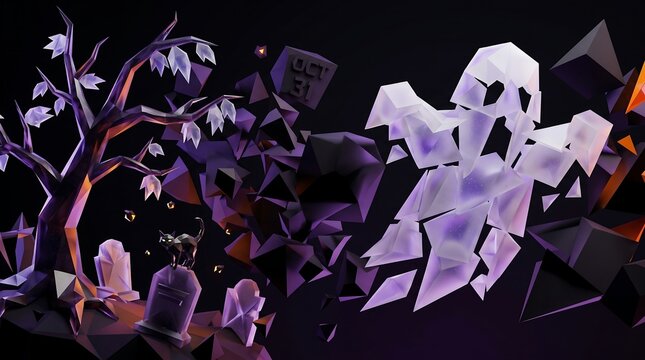 Low poly 3d rendered ghost and cat near graveyard with bare tree under dark purple night sky with geometric graveyard setting