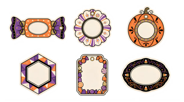 6 Halloween Frames Bundle, Orange and Purple Candy Corn Borders, Vintage Vector Labels, Circular and Rectangular Shapes for Holiday Design isolated PNG with Transparent Background halloween