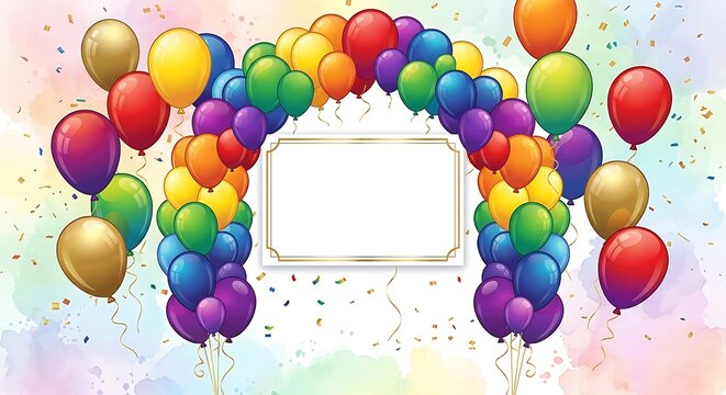 Colorful balloons arranged in an arch frame a blank rectangular label