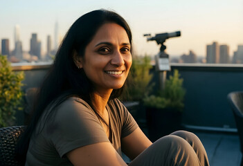 Obraz premium Urban lifestyle and city living, happy woman relaxing on a rooftop terrace at sunset with skyline view and telescope for leisure and travel exploration