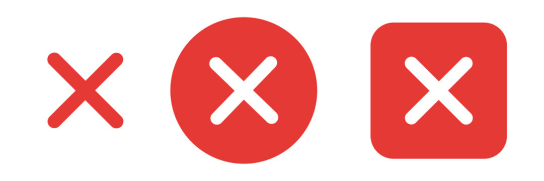 Close and cancel icon set with X symbol in red. Delete, remove and dismiss icons for status, web and app UI