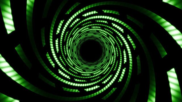 Bright green tunnel with concentric glowing swirl patterns and led screen pixels on black background. Digital vortex corridor for science fiction, gaming and cyber technology. Seamless VJ loop 4K60fps