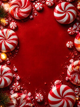 Christmas peppermint candy border on red background with copy space for holiday greeting.