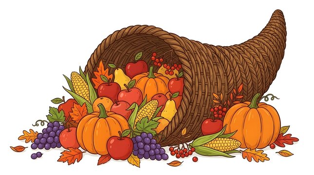Abundant cornucopia overflowing with autumn harvest fruits and vegetables on white background