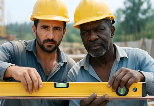 Construction teamwork and quality control, diverse builders using a spirit level on a building site for infrastructure development and project accuracy