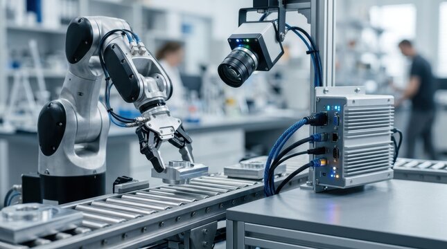 Factory automation setup with robot arm, edge computer, machine vision camera, conveyor rollers, and indicator lights