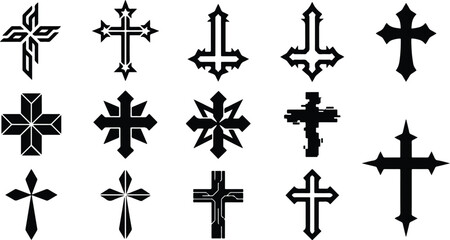 Fototapeta premium Set of gothic cross vector symbols and religious shapes for streetwear apparel with crucifix religion christian cyberpunk illustration collection silhouette