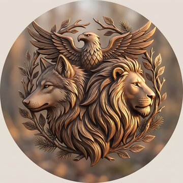 Elegant circular wildlife crest with wolf lion and eagle in detailed sculptural relief with botanical elements