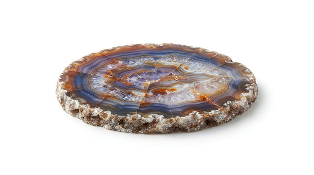 Circular slice of polished agate stone with concentric bands of blue, brown, and white, isolated on a white background