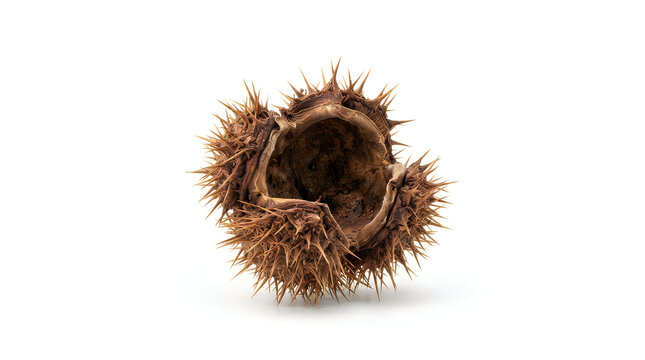 Empty brown chestnut burr with sharp spikes, isolated on a white background, close-up view of a dried spiky seed pod shell