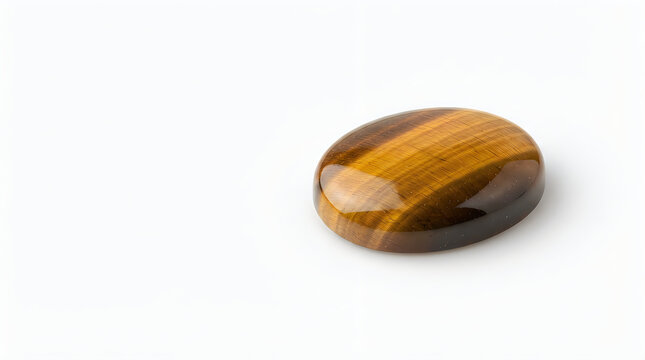 Polished oval tiger's eye gemstone with golden brown chatoyant bands, isolated on a plain white background