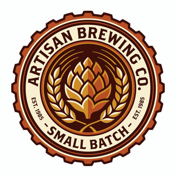 Logo for the Artisan Brewing Company, representing small batch beer production with rich colors and hop graphics synonymous with craft brewing since 1985.