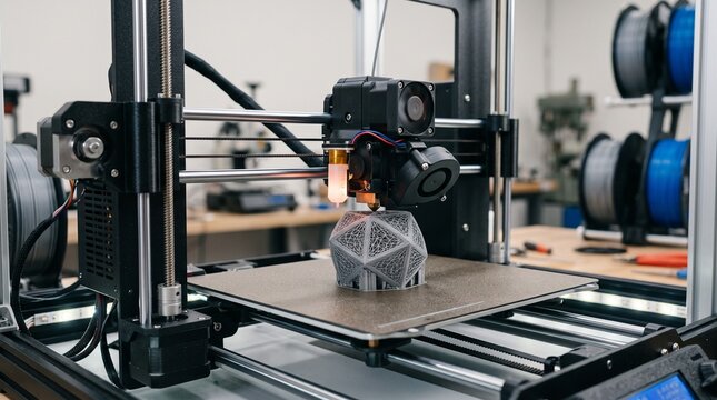 Industrial 3d printer producing a detailed geometric grey plastic object in a modern professional laboratory workspace setting with bright lighting