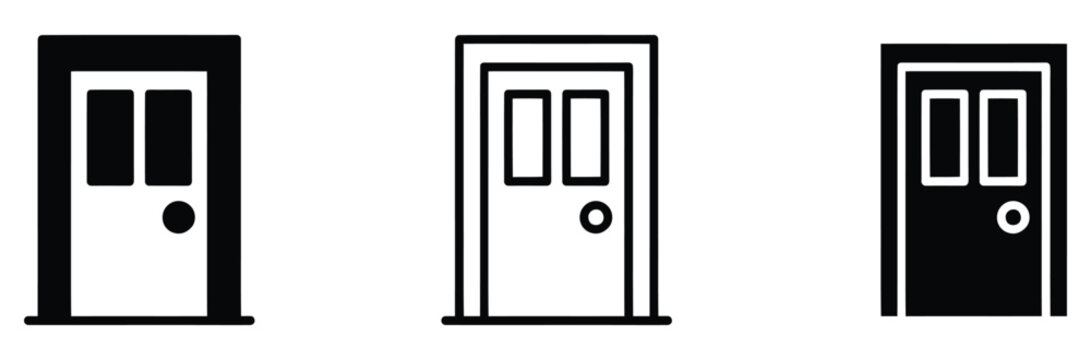 WebDoor icon set vector illustration featuring wooden entrance door, closed door frame, interior doorway, and house entrance symbols on white background for architecture graphic element.