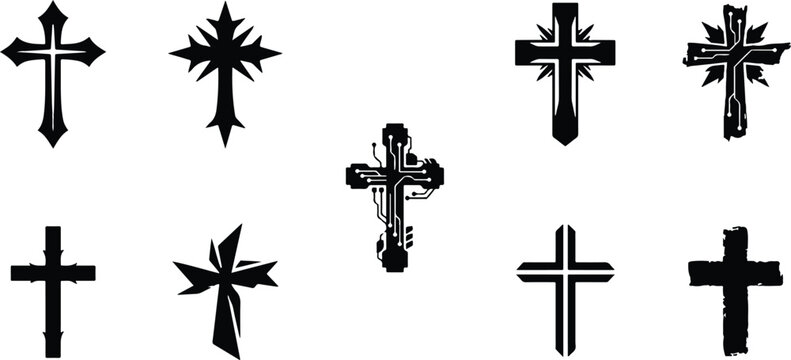 Collection of various gothic and traditional black christian cross vector symbols with christian crucifix religion collection traditional spiritual salvation