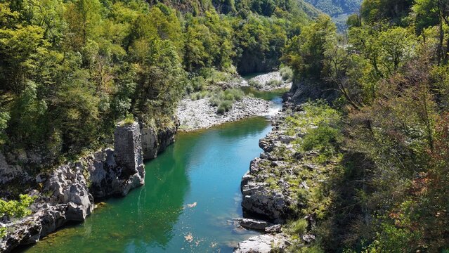 Dam on the Soča River (Isonzo) near Tolmin in Slovenia.
The waters of the Soča River flow between the rocks of the Slovenian mountains.