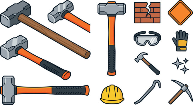 Sledgehammer and Demolition Construction Tool Vector Icon Set with Helmet, Goggles, Crowbar, Pickaxe, and Broken Brick Wall Elements