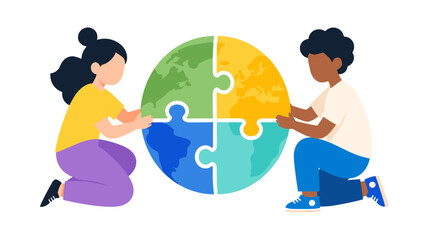 Fototapeta premium Children assembling a colorful globe puzzle symbolizing global unity and teamwork