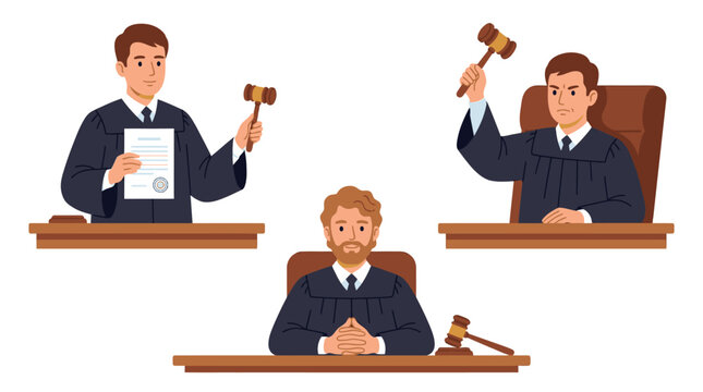 Professional judges wearing black robes holding wooden gavels while sitting at long courtroom wooden tables