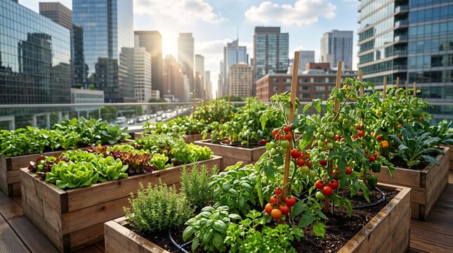 Vibrant urban vegetable garden flourishing in wooden raised beds atop a skyscraper balcony overlooking the bustling city skyline at sunset