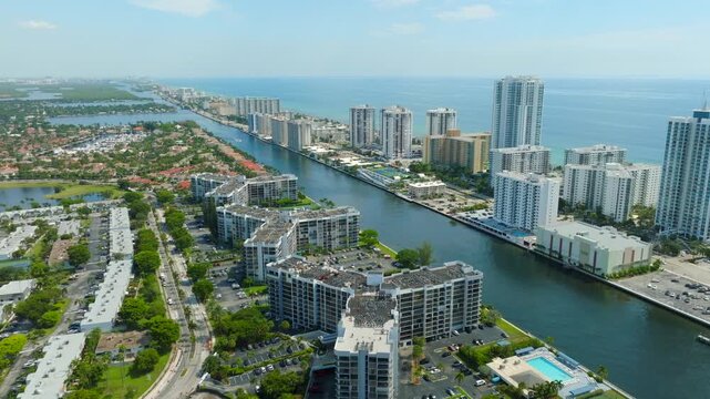 Aerial View of Hollywood Beach Florida Coastline With Waterfront Condos, Canal and Ocean Skyline