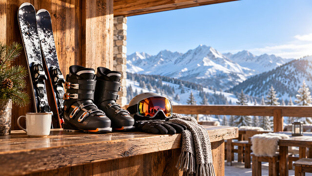 Ski boots, skis and goggles arranged on a mountain lodge counter with a scenic alpine view for a winter travel concept

